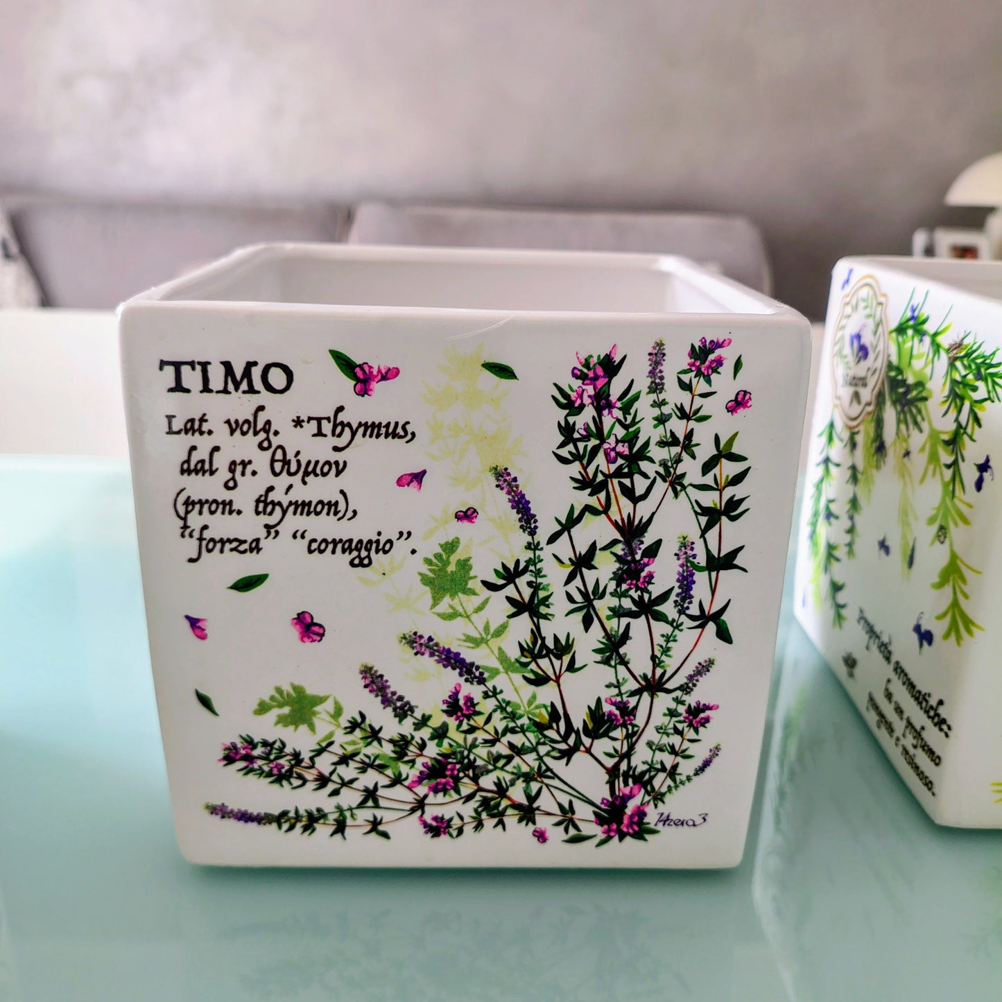 Vaso in ceramica con decori e scritte erbe aromatiche