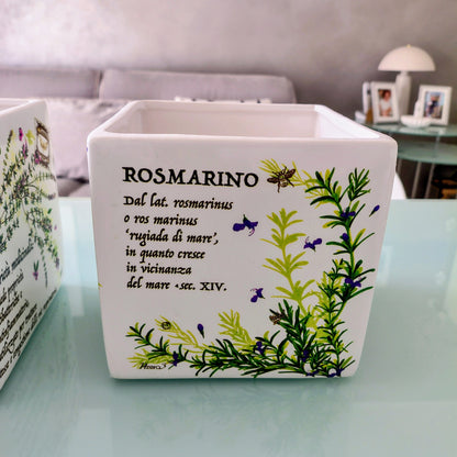 Vaso in ceramica con decori e scritte erbe aromatiche
